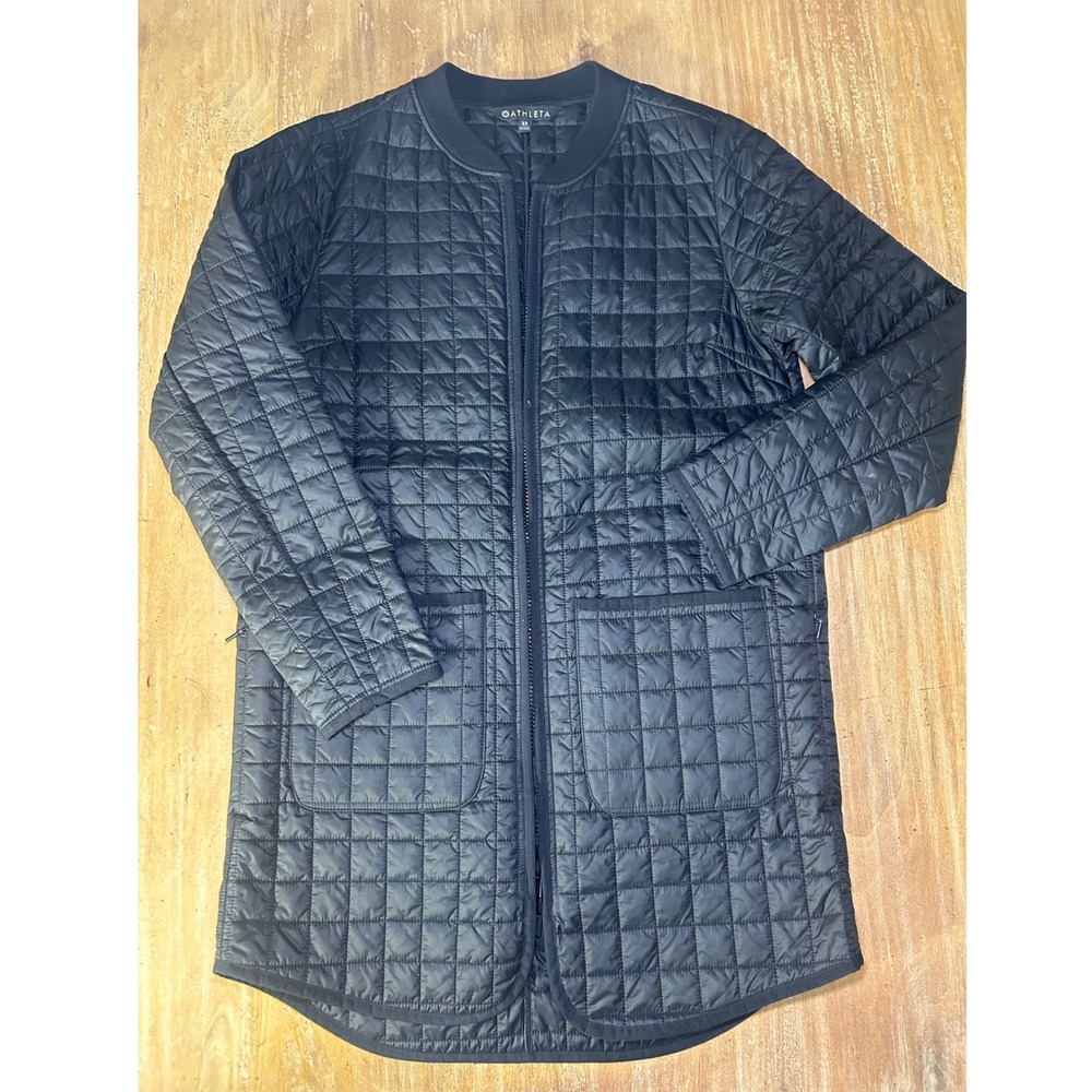 Athleta Quilted Long Bomber Jacket Black XS Full Zip Lightweight Insulated Coat